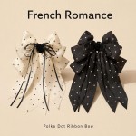 Polka Dot Long Ribbon Bow Shark Hair Claw Clip, Satin Non-slip Hair Accessory Black & White Set (2 Pcs)