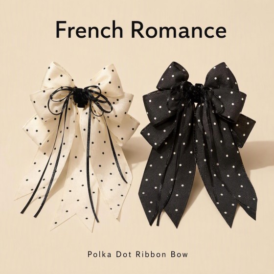 Polka Dot Long Ribbon Bow Shark Hair Claw Clip, Satin Non-slip Hair Accessory Black & White Set (2 Pcs)