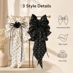 Polka Dot Long Ribbon Bow Shark Hair Claw Clip, Satin Non-slip Hair Accessory Black & White Set (2 Pcs)