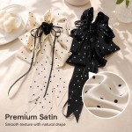 Polka Dot Long Ribbon Bow Shark Hair Claw Clip, Satin Non-slip Hair Accessory Black & White Set (2 Pcs)