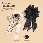 Polka Dot Long Ribbon Bow Shark Hair Claw Clip, Satin Non-slip Hair Accessory Black & White Set (2 Pcs)