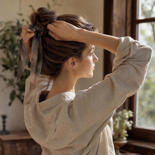 Ink Wash Chiffon Ribbon Scrunchies, Non-Slip Soft Hair Ties for Women