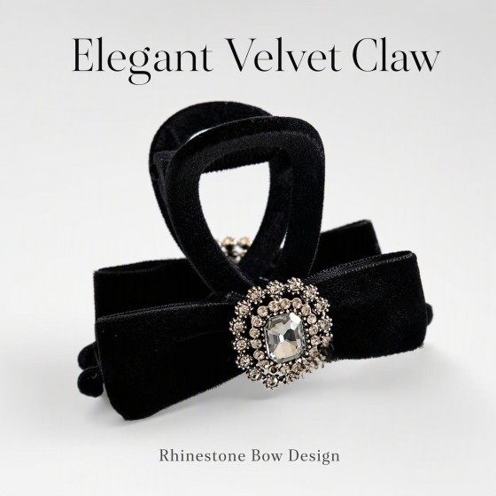Black Velvet Rhinestone Bow Hair Claw Clip, Non-slip Hair Grab for Women