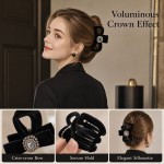 Black Velvet Rhinestone Bow Hair Claw Clip, Non-slip Hair Grab for Women