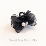 Black Sparkly Mesh Bow Faux Pearl Mini Hair Claw Clip, Non-Slip Tiny Hair Grab for Stray Hair