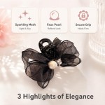 Black Sparkly Mesh Bow Faux Pearl Mini Hair Claw Clip, Non-Slip Tiny Hair Grab for Stray Hair