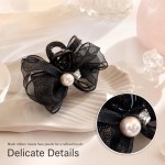 Black Sparkly Mesh Bow Faux Pearl Mini Hair Claw Clip, Non-Slip Tiny Hair Grab for Stray Hair