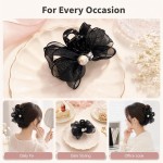 Black Sparkly Mesh Bow Faux Pearl Mini Hair Claw Clip, Non-Slip Tiny Hair Grab for Stray Hair