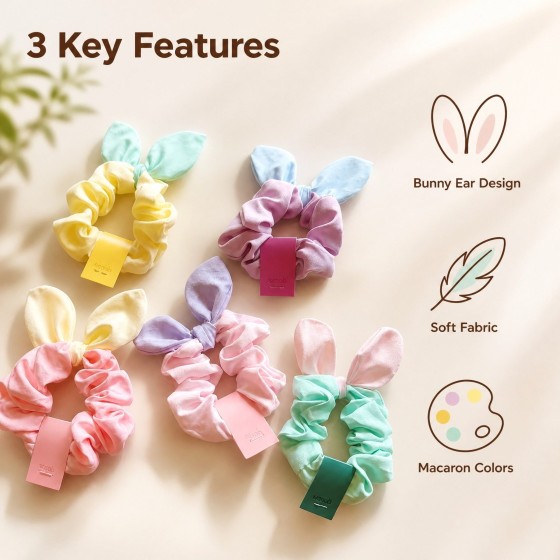 Macaron color 3D Bunny Ear Fabric Scrunchies, Soft No-Tug Hair Ties