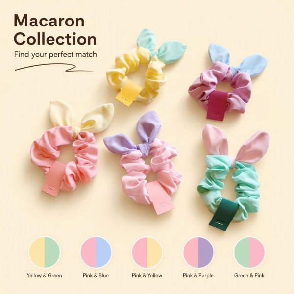 Macaron color 3D Bunny Ear Fabric Scrunchies, Soft No-Tug Hair Ties