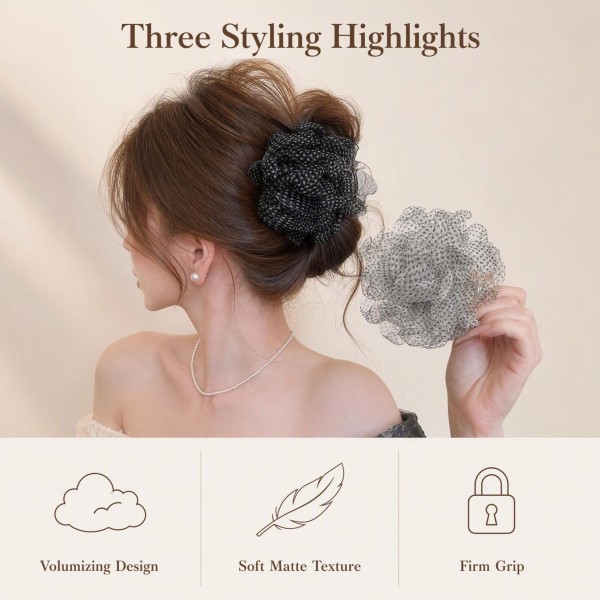 Polka Dot Sheer Tulle Puffy Flower Hair Claw Clip for Women