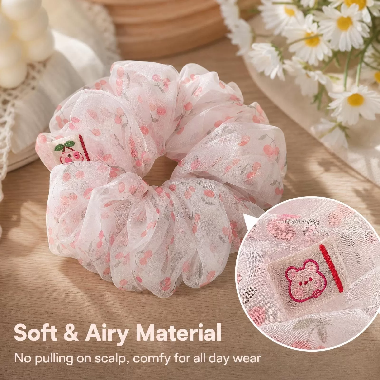 4 Pcs Cartoon Organza Scrunchies, Cute Printed Elastic Hair Ties for Women Girls