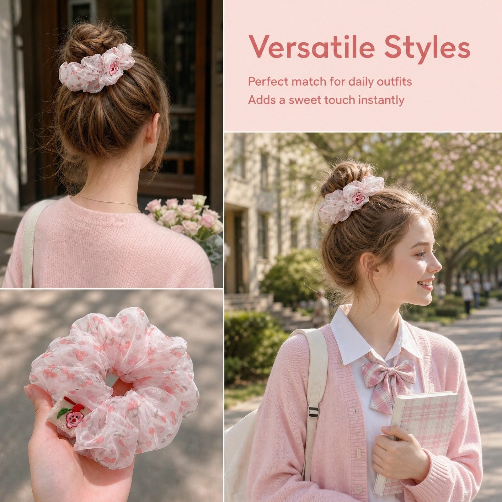 4 Pcs Cartoon Organza Scrunchies, Cute Printed Elastic Hair Ties for Women Girls
