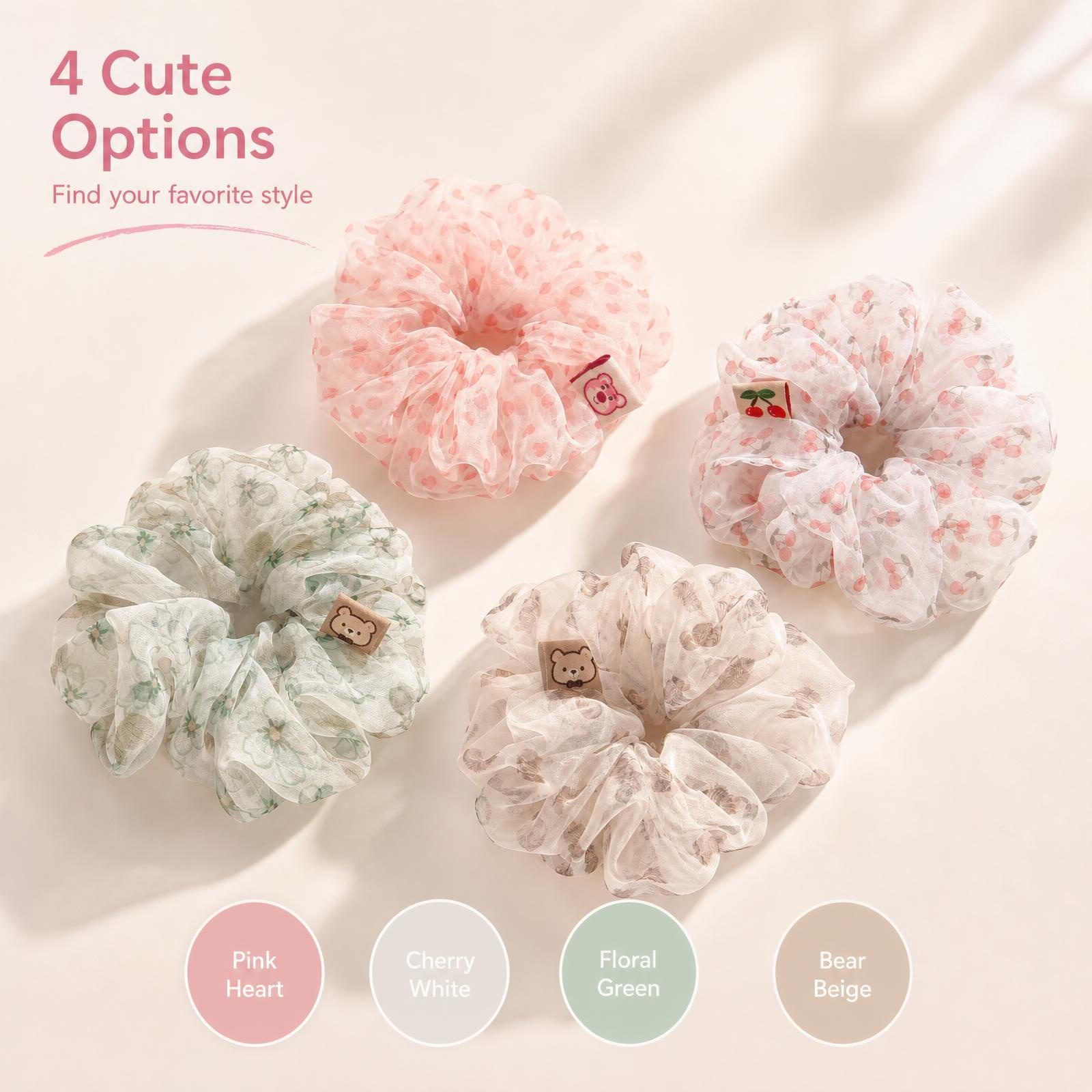 4 Pcs Cartoon Organza Scrunchies, Cute Printed Elastic Hair Ties for Women Girls