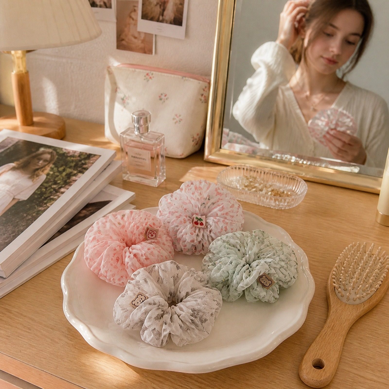4 Pcs Cartoon Organza Scrunchies, Cute Printed Elastic Hair Ties for Women Girls